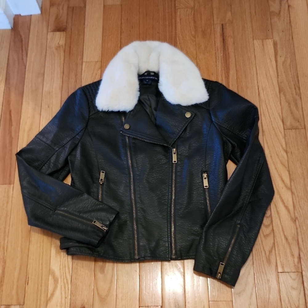 French Connection Dark Olive Faux Leather Jacket with White Fur Collar